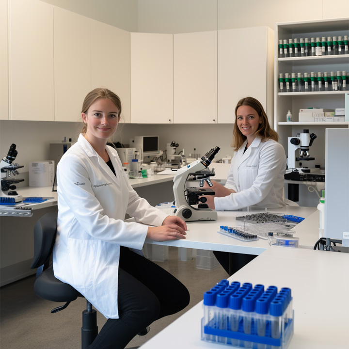 Two women in white lab coats sit at a laboratory table with microscopes and test tubes, smiling at the camera. The background shows shelves with lab equipment and supplies in a bright, organised lab setting. UK
