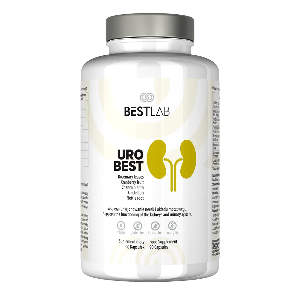 White plastic bottle labelled BESTLAB URO BEST with a graphic of two yellow kidneys. Text mentions ingredients like rosemary, cranberry, and dandelion. The bottle contains 90 capsules for kidney and urinary system support. UK