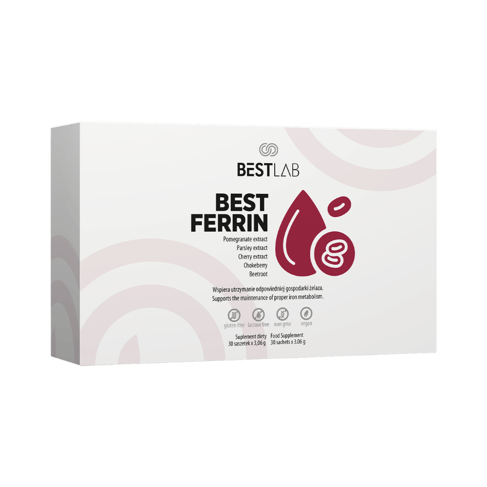 A white box labelled BestLab BEST FERRIN with a red blood drop icon. The packaging lists ingredients like pomegranate, parsley, and cherry extract, and states it supports proper iron metabolism. Contains 30 sachets. UK