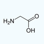 Chemical structure of glycine, showing an amino group (H2N), a central carbon, and a carboxyl group (COOH) connected in a linear arrangement. UK