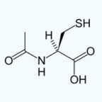 Line drawing of the amino acid cysteine, showing its structure with an amine group, carboxyl group, hydrogen, and a side chain containing a thiol group (–SH) attached to a central carbon. UK