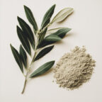 A sprig of green leaves lies next to a small pile of light brownish-green powder on a plain, off-white surface. UK