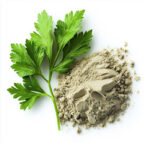 A fresh green parsley leaf lies next to a small pile of light brown powder on a white background. UK