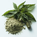 A pile of greenish powder and a transparent capsule lie next to fresh green nettle leaves on a white surface. UK