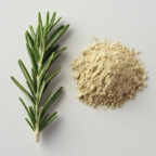 A fresh sprig of rosemary lies next to a small mound of light beige powder on a plain white surface. UK