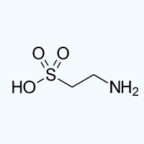A chemical structure diagram showing taurine: a sulphonic acid group (SO₃H) attached to a two-carbon chain ending with an amine group (NH₂). The structure displays labelled atoms and bonds. UK