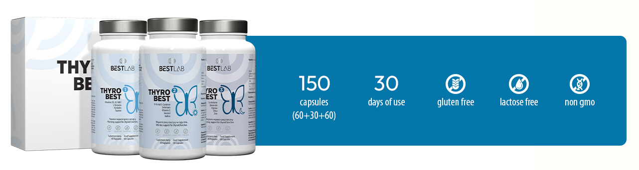 Three bottles of BESTLAB THYRO BEST supplements are shown with a product box. Text highlights 150 capsules (60+30+60), 30 days of use, and icons for gluten-free, lactose-free, and non-GM. UK