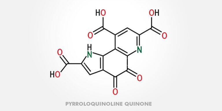 structural chemical diagram of pyrroloquinoline quinone, featuring rings with nitrogen atoms and multiple oxygen atoms, with red representing oxygen and black lines indicating bonds. text below reads pyrroloquinoline quinone. uk