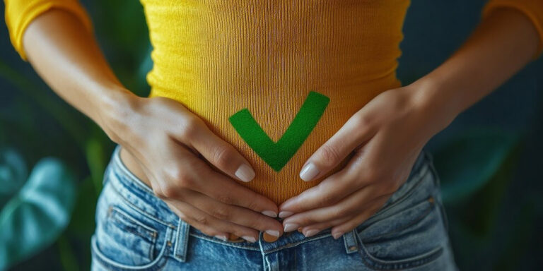a person wearing a yellow shirt and jeans places their hands on their stomach, which features a large green tick symbol, suggesting good digestive health. uk