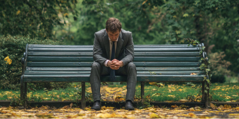 a man in a suit sits alone on a park bench, looking down with his hands clasped. fallen yellow leaves cover the ground, and the surrounding trees appear green and lush. the scene feels sombre and reflective. uk