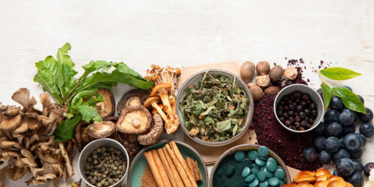 an assortment of herbs, spices, berries, mushrooms, and leafy greens arranged on a light surface, including bowls of dried leaves, whole spices, blueberries, and cinnamon sticks. uk