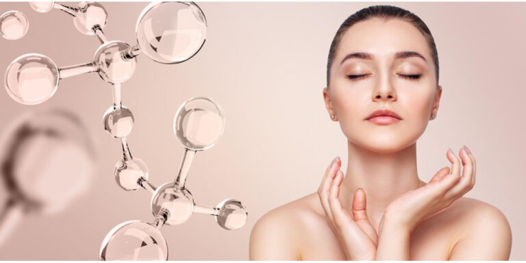 a woman with clear skin and closed eyes touches her neck gently, appearing relaxed. next to her, a graphic of transparent molecular structures is shown, suggesting skincare or beauty science themes. uk
