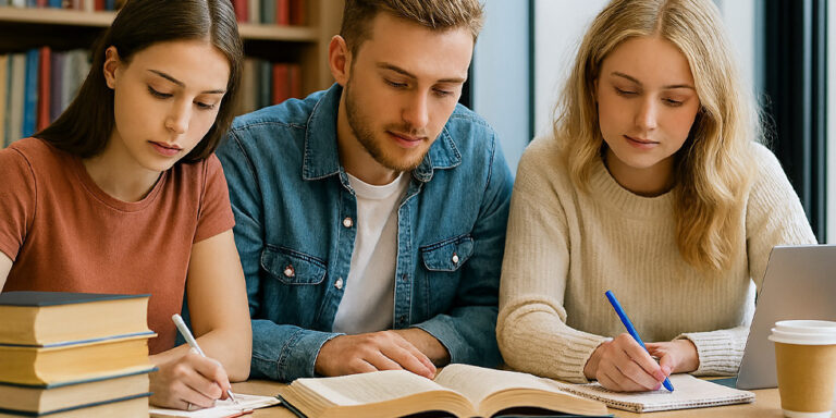 three young adults sit at a table in a library, focused on studying. two women and one man write in notebooks, with open books, a laptop, and coffee cups in front of them. bookcases are visible in the background. uk