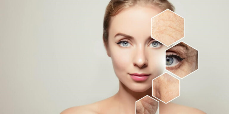 a woman’s face looking forward with clear skin; three hexagonal overlays on the right show close ups of ageing skin and wrinkles around her eye, illustrating the contrast between youthful and aged skin. uk
