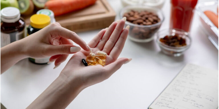 a person holds several supplement capsules and softgels in one hand, with healthy foods, jars, and a notebook visible on a kitchen worktop in the background. uk