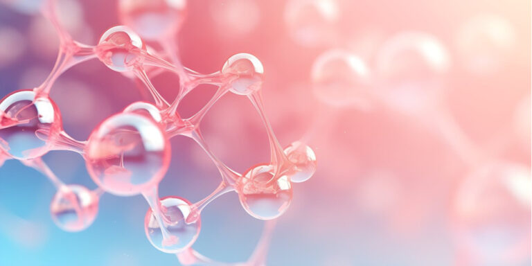 a close up illustration of a molecular structure with interconnected pink and clear spheres, set against a soft, blurred gradient background of blue and peach tones. uk