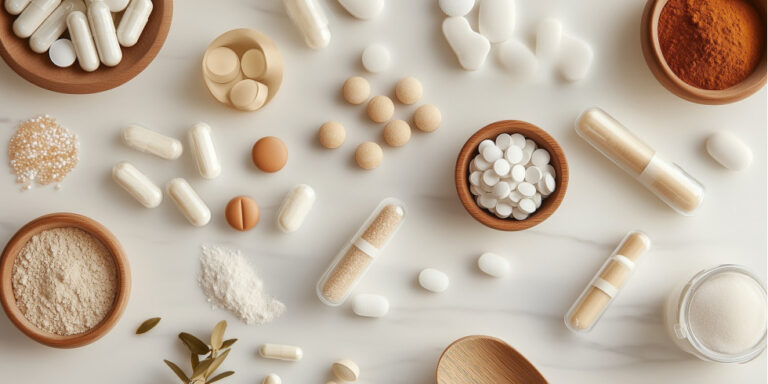 a variety of supplements and vitamins in capsules, tablets, powders, and small bowls are arranged on a white marble surface, creating an organised, health focused flat lay. uk