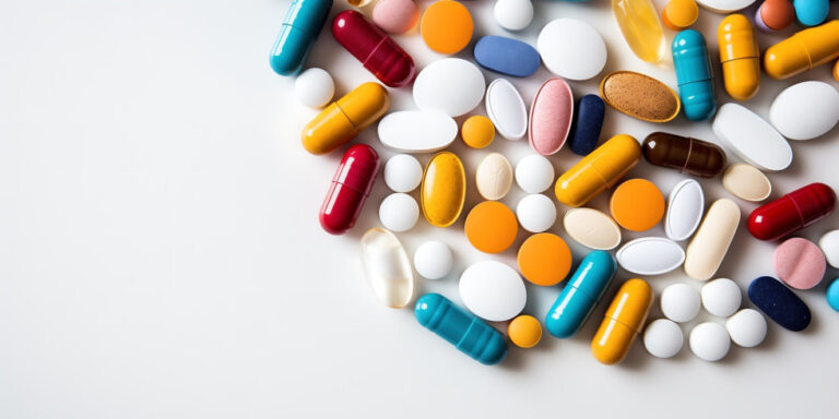 a variety of colourful pills and capsules of different shapes and sizes scattered on a white surface, leaving empty space on the left side of the image. uk