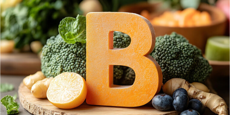 a large orange letter b stands on a wooden board surrounded by broccoli, blueberries, ginger, lemon, potatoes, and leafy greens, with more fruit and vegetables in the blurred background. uk