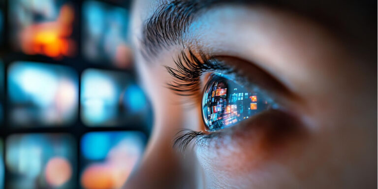 a close up of a person's eye with digital screens reflected in the pupil, suggesting technology, media, or information overload. the background is blurred with multiple illuminated screens. uk