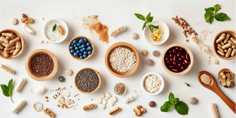 various grains, seeds, and pills are arranged in wooden bowls and scattered on a white surface, alongside fresh basil leaves and supplements in capsule, tablet, and powder form. uk