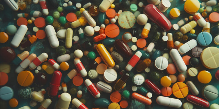a large assortment of colourful pills, capsules, and tablets scattered closely together, showing various shapes, sizes, and colours on a flat surface. uk
