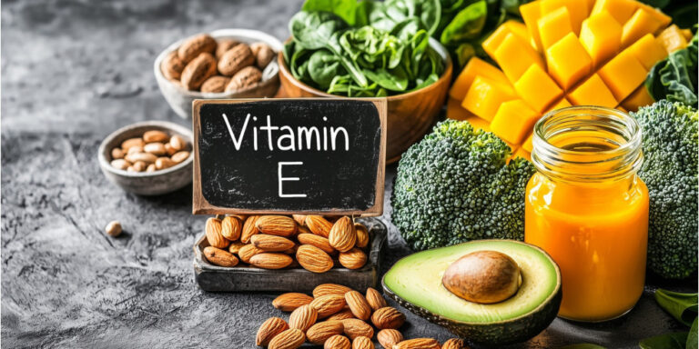 a variety of vitamin e rich foods, including almonds, avocado, broccoli, mango cubes, leafy greens, and a jar of orange juice, arranged around a small blackboard labelled vitamin e. uk