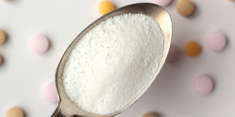 a close up of a spoon filled with white powder, with colourful round tablets scattered on a white surface in the background. uk