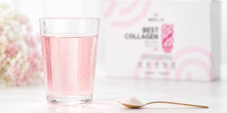 a glass of pink liquid sits on a white surface next to a gold spoon with powder. in the background, a white box labelled best collagen and some blurred flowers are visible. uk