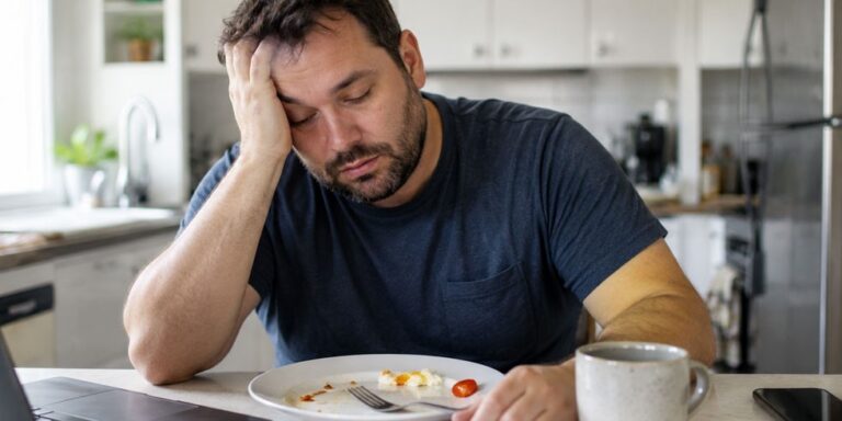 a tired man leans his head on his hand, resting at a kitchen table with a nearly empty plate of food. uk