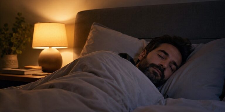 a man with dark hair and a beard is sleeping peacefully in bed under a grey blanket, with a lit bedside lamp and potted plant on a bedside table in the softly lit bedroom. uk