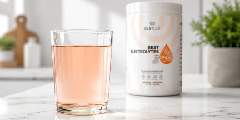 a glass of pink electrolyte drink sits on a marble worktop, with a container labelled best electrolytes in the background. kitchen items and plants are blurred in the background. uk