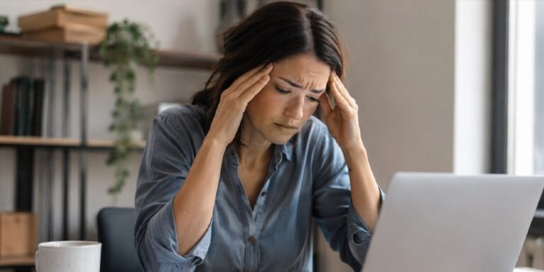 woman sitting at a desk with a laptop, holding her head in both hands and appearing stressed or worried. uk