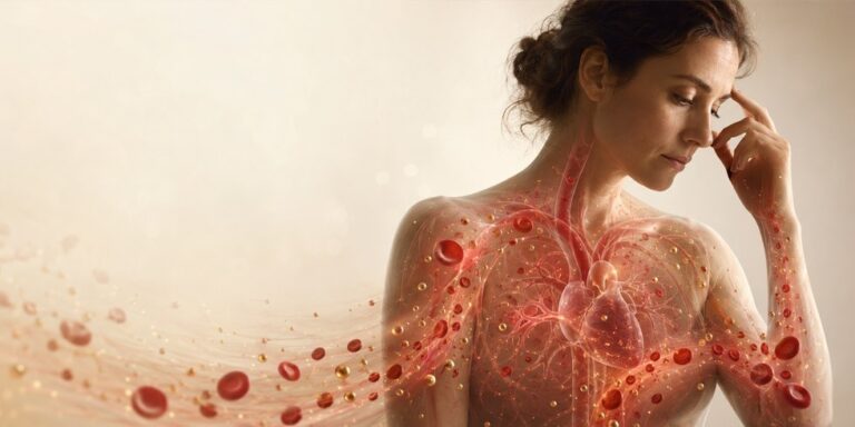 a woman stands with her hand on her forehead; her body is depicted with transparent skin showing her circulatory system, heart, and flowing blood, blending into the background. uk