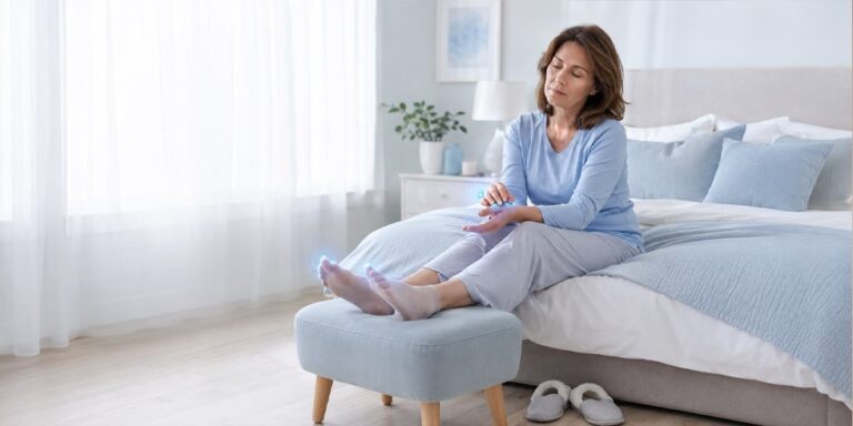 a woman in pyjamas sits on a bed, touching her ankle with a pained expression. her feet rest on a footstool, and slippers are on the floor nearby in a softly lit bedroom. uk