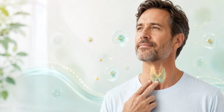 a man touches his throat with a thoughtful expression. an illustrated thyroid gland is superimposed on his neck, and floating cells or molecules are depicted around him, suggesting a focus on thyroid health. uk