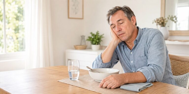 middle aged man sitting at a table with his eyes closed, resting his head on his hand beside a bowl and a glass of water, appearing tired or sleepy in a bright, cosy dining room. uk